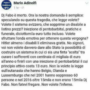 Dj Fabo è morto, Mario Adinolfi: "Hitler i disabili li eliminava gratis..."