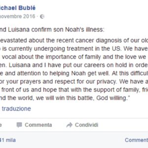 Noah Bublè "sta guarendo dal cancro": l'annuncio della zia, cognata di Michael