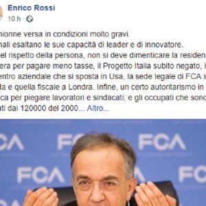 Enrico Rossi su Facebook: "Marchionne capace...per gli azionisti. Non dimentico gli errori"