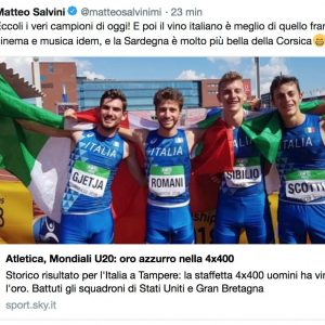 Mondiali 2018, Salvini: "I veri campioni di oggi sono i nostri atleti della staffetta"