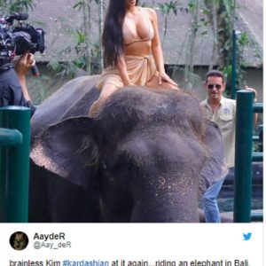 Kim Kardashian a Sumatra siede sull'elefante