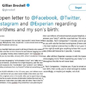 Gillian Brockell a Fb... "Pietà, basta pubblicità di bambini. ho perso mio figlio"