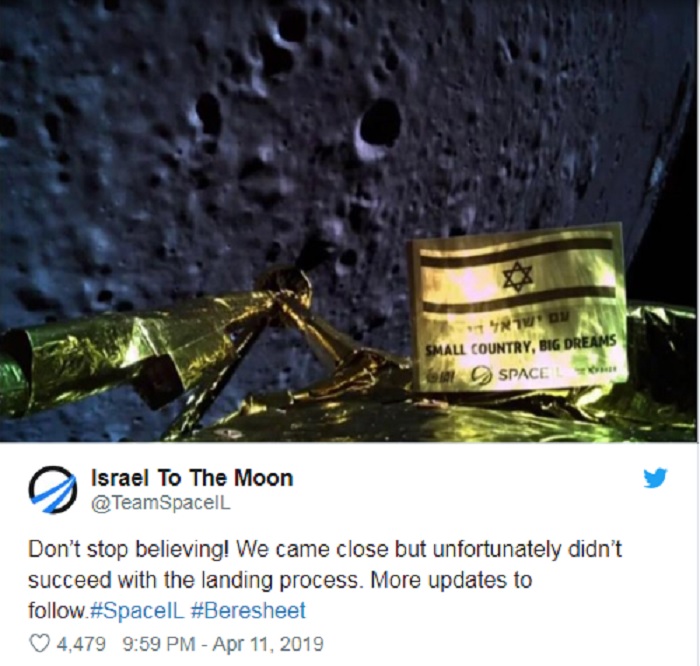 Sonda Beresheet scatta un selfie sulla Luna, poi lo schianto