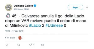 Mano di Milinkovic Savic, var annulla gol di Acerbi in Lazio-Udinese
