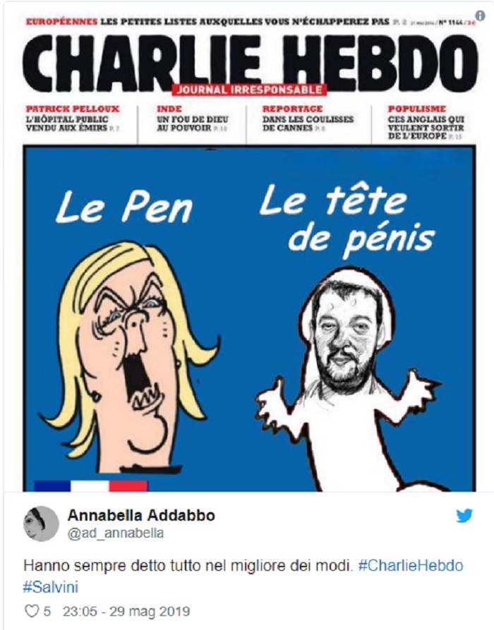 Charlie Hebdo sfotte Salvini col rosario facendo bestemmiare Gesù2