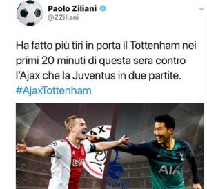 Paolo Ziliani su Twitter sfotte la Juventus: "Ha fatto più tiri il Tottenham..."