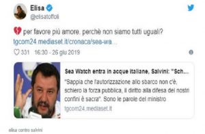 Sea Watch, Elisa contro Matteo Salvini: "Perché non siamo tutti uguali?"