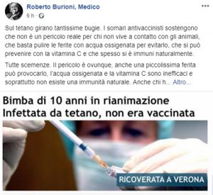 Tetano, bimba infettata a Verona. Burioni: Troppe bugie tra i no vax