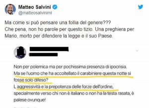 Mario Cerciello Rega ucciso a Roma, Matteo Salvini risponde a chi insulta la memoria del carabiniere morto