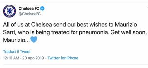 Juventus Sarri polmonite Chelsea auguri via Twitter ex tecnico