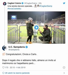 Cagliari Sampdoria, proposta matrimonio Sardegna Arena, post Samp 