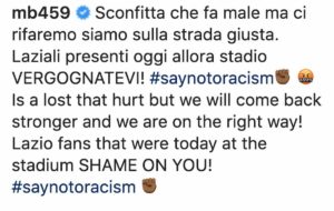 Balotelli si sfoga su Instagram: "Tifosi laziali vergognatevi per cori razzisti"