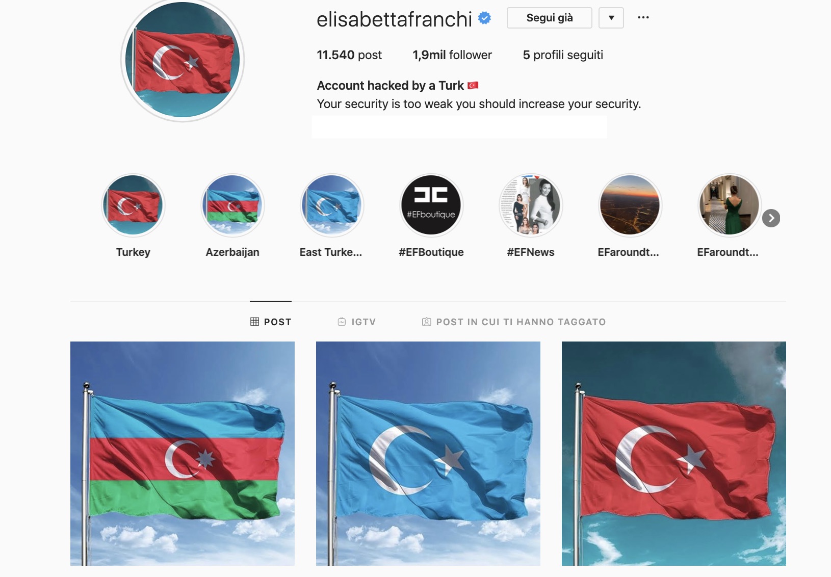 Elisabetta Franchi, hackerato il profilo Instagram della stilista: "Sono turchi, vogliono soldi"
