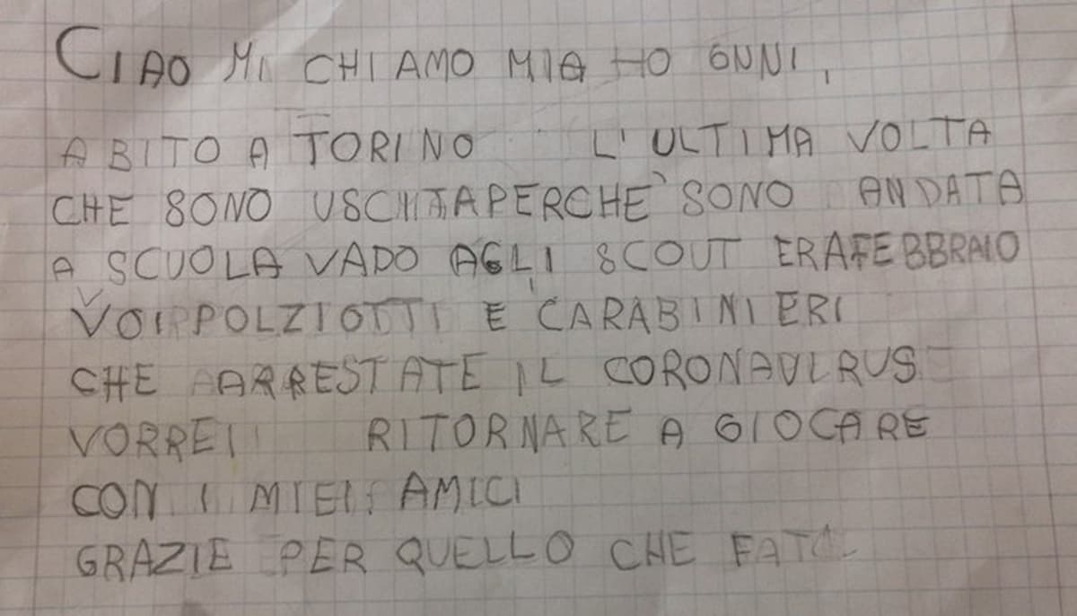 Torino, la letterina a poliziotti e carabinieri di una bimba di 6 anni: "Arrestate il coronavirus"