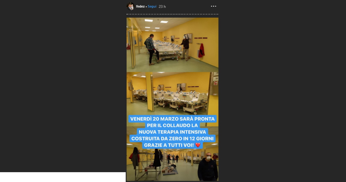 Fedez su Instagram mostra reparto terapia intensiva: pronto il 20 marzo