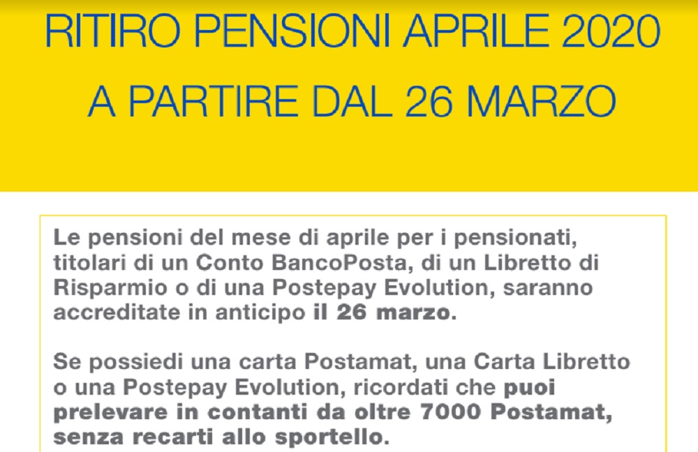 Coronavirus, Poste Italiane le pensioni di aprile