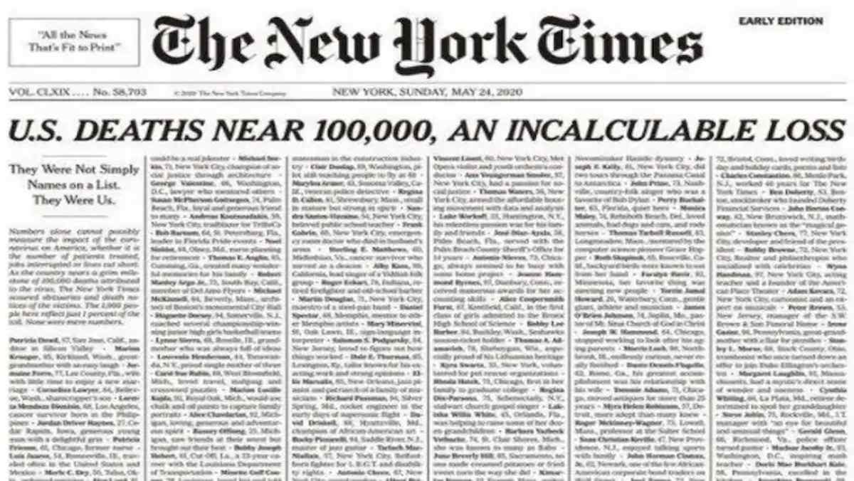 Coronavirus, New York Times pubblica 1000 necrologi in prima pagina. "Perdita incalcolabile"