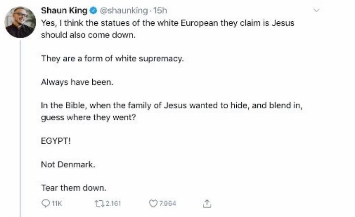 Shaun King, scrittore Usa: "Gesù non era bianco, abbattiamo le statue"