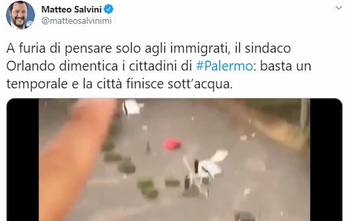 Attacco di Salvini al sindaco di Palermo Orlando durante il nubifragio
