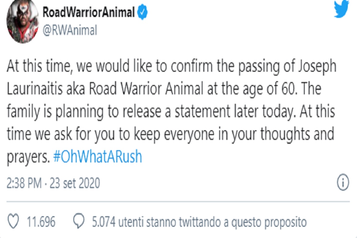 Road Warrior Animal, il tweet