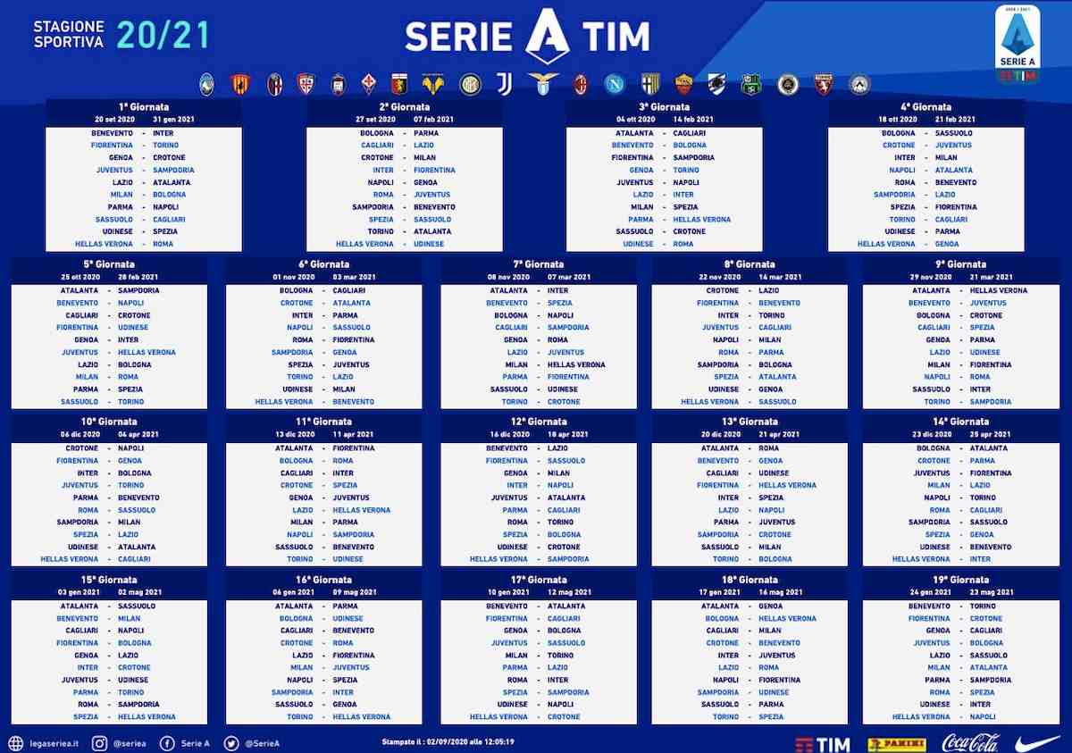 Serie A, il calendario 2020-2021 con tutte giornate