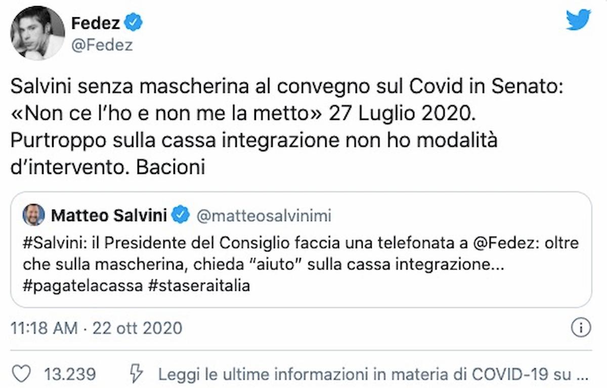 Fedez risponde a Salvini: "Polemizza sulla chiamata che mi ha fatto Conte? Ma se non mette nemmeno mascherina..."