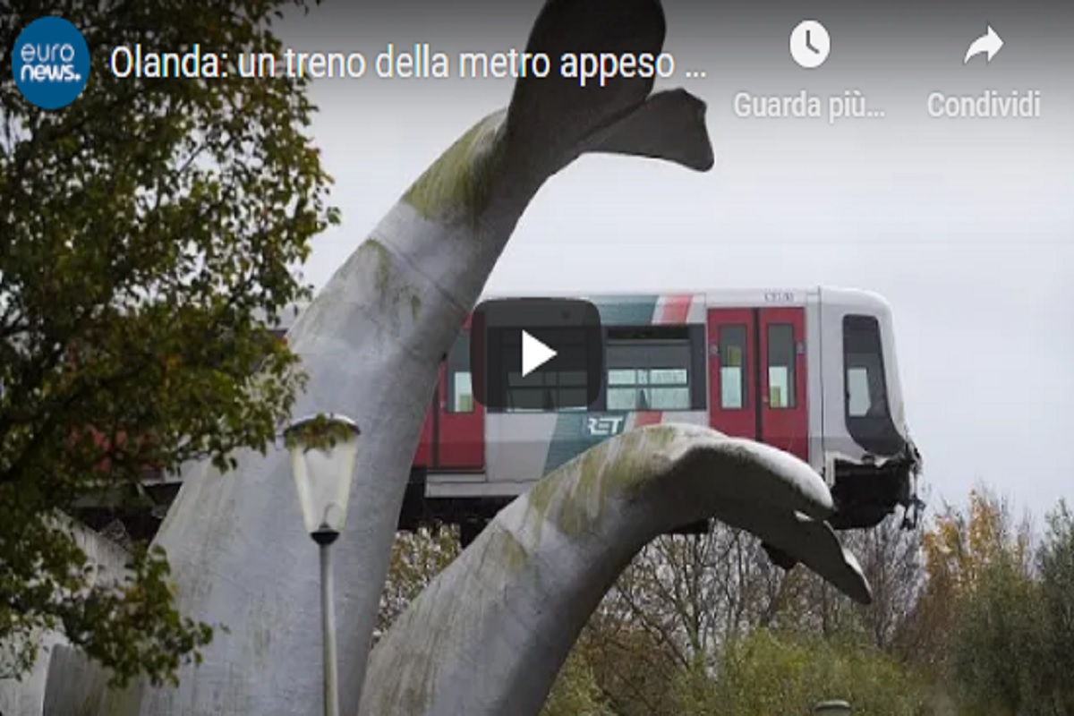 Olanda, treno deraglia e finisce... sulla coda di una statua di una balena VIDEO