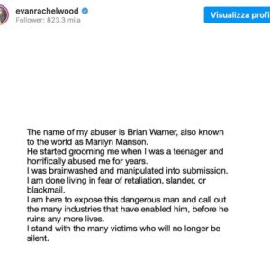 Evan Rachel Wood accusa Marilyn Manson: "Ha abusato di me per anni e mi ha fatto il lavaggio del cervello"