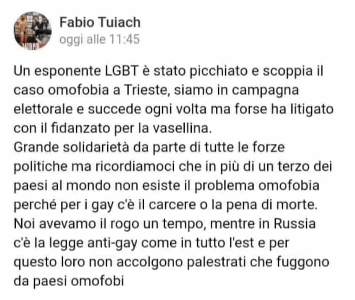 Fabio Tuiach sull'aggressione omofoba ad Antonio Parisi: "Forse ha litigato con il fidanzato per la vaselina"