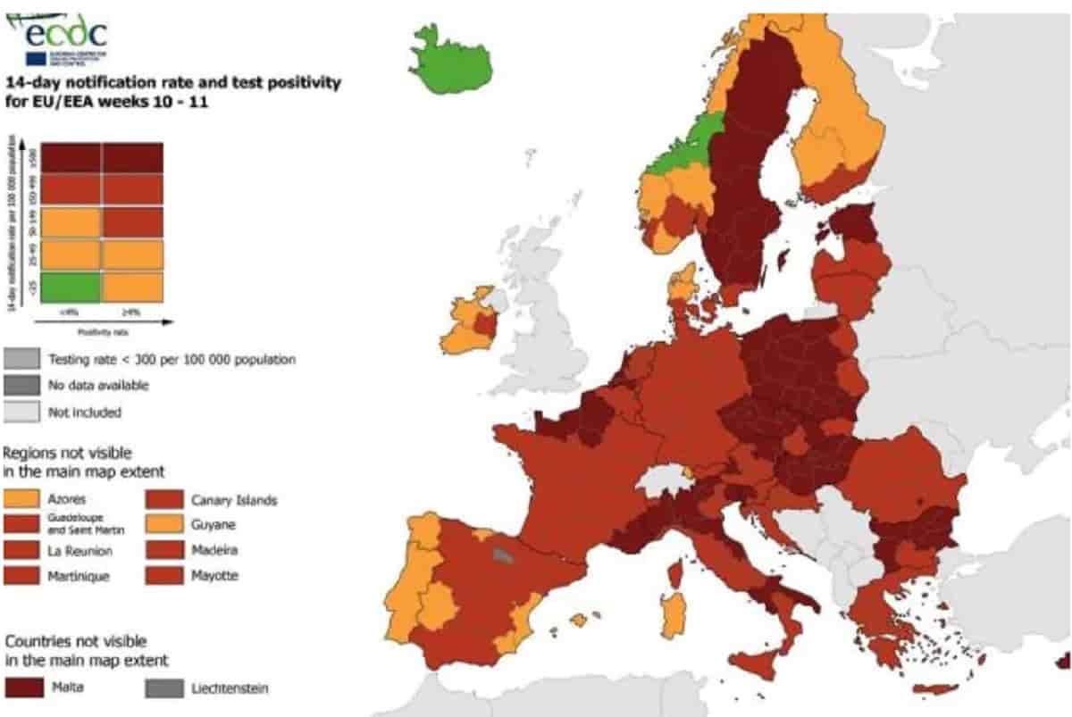 Covid, mappa Ue: anche la Puglia diventa rosso scuro nella mappa europea dell'Ecdc