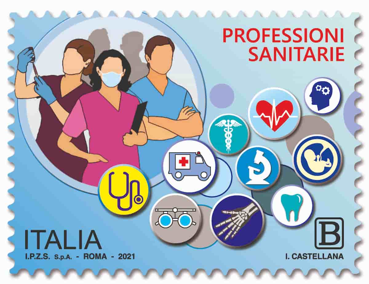 Francobollo di Poste Italiane dedicato alle Professioni sanitarie: fa parte della serie tematica "il Senso civico"