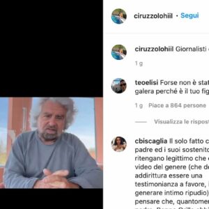 Ciro Grillo rilancia il video del padre Beppe Grillo su Instagram: pioggia di insulti social