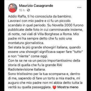 Maurizio Casagrande ricorda Raffaella Carrà sperando che il padre abbia avuto un flirt con lei. E si scusa con la madre...