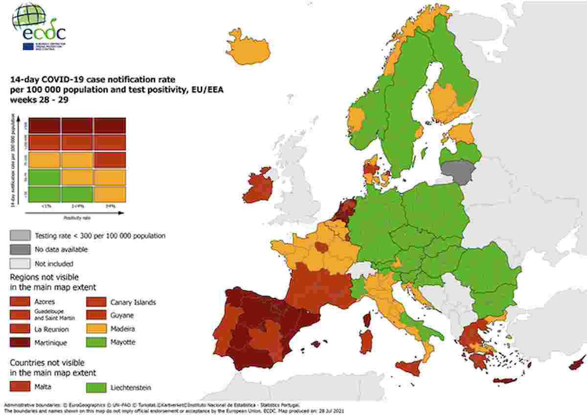 Covid, Sicilia e Sardegna tornano in zona rossa nelle mappe dell'Unione Europea. La maggior parte d'Italia in giallo