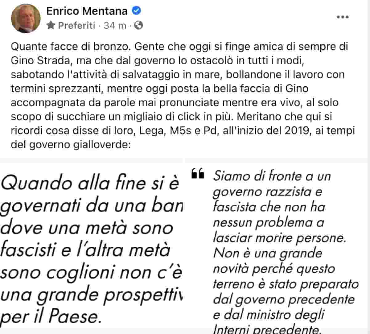 Gino Strada, Enrico Mentana su Facebook contro i suoi "finti amici di Lega, Pd e M5s"