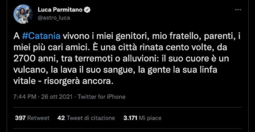 Il messaggio su Twitter di Parmitano