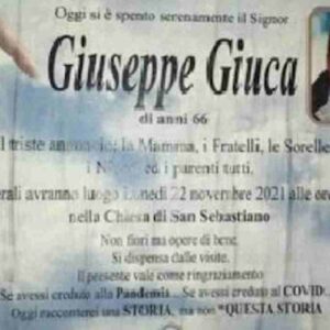 Giuseppe Giuca, il necrologio lasciato ai posteri: "Se avessi creduto al Covid, sarei ancora vivo"