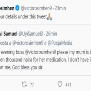 Victor Osimhen su Twitter risponde a una richiesta di aiuto e compra medicine per la mamma di un follower