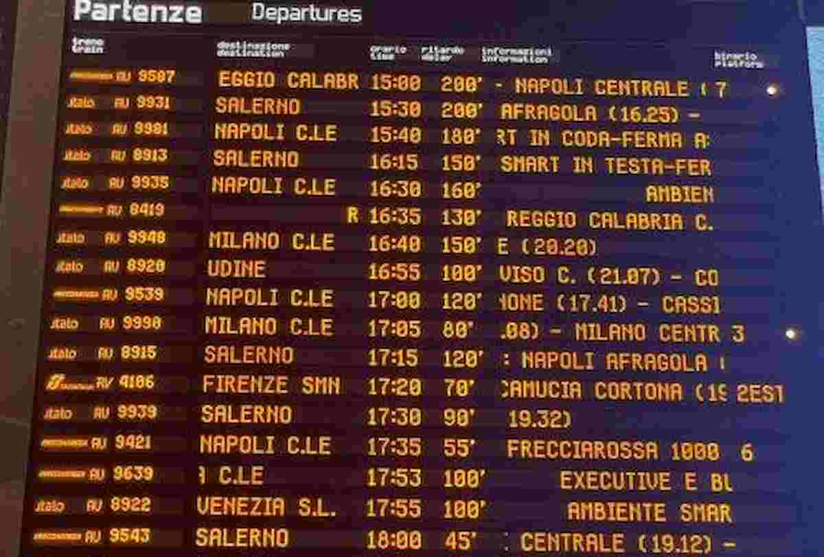Treni Alta Velocità in tilt: traffico bloccato sulla tratta Roma-Napoli-Salerno-Reggio Calabria, ritardi fino a 4,5 ore