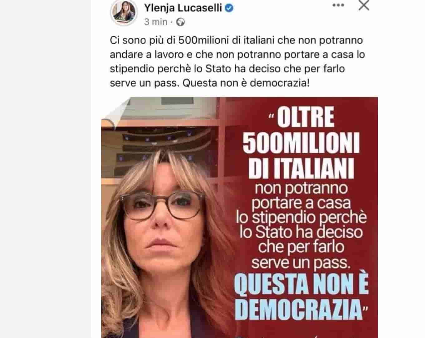 Ylenja Lucaselli (FdI): "500 milioni di italiani non potranno andare al lavoro". La gaffe anti green pass