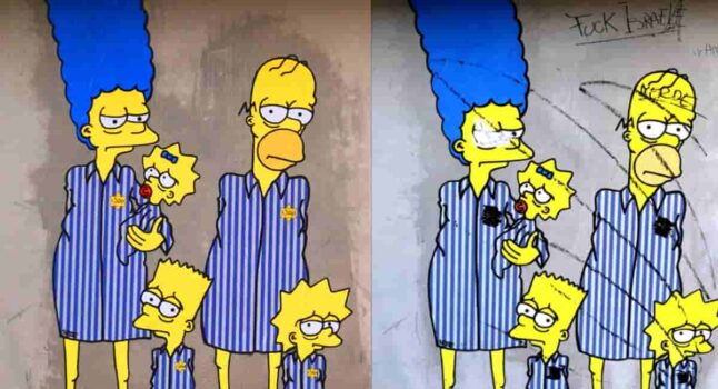 "W Hitler" e "Fuck Israele": sfregiata a Milano l'opera dei Simpson ebrei deportati ad Auschwitz